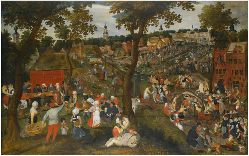 Oil on panel by Marten van Cleve: A village celebrating the kermesse of Saint Sebastian with an outdoor wedding feast with guests bringing gifts (between 1547 and 1581). In the lower right corner there are groups of upper-class people celebrating side to side with the peasants.