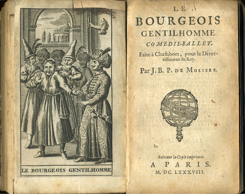 Frontispiece and title page from Moliere’s play. Le Bourgeois gentilhomme (1688), in the frontispiece the main character is together with a so-called Turkish prince and others.