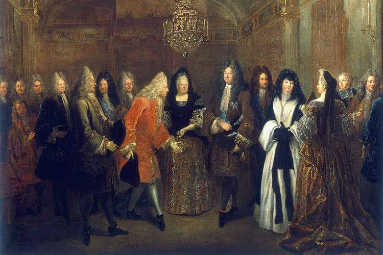 Oil on canvas by Louis de Silvestre: König Ludwig XIV. empfängt den späteren König von Polen und Kurfürsten von Sachsen August III (1715). Louis XIV of France receives Frederick Augustus of Saxony in Fontainebleau, Frederick August of Saxony on the left, Louis XIV in the middle and his sister-in-law Duchess Liselotte von der Pfalz on the right.