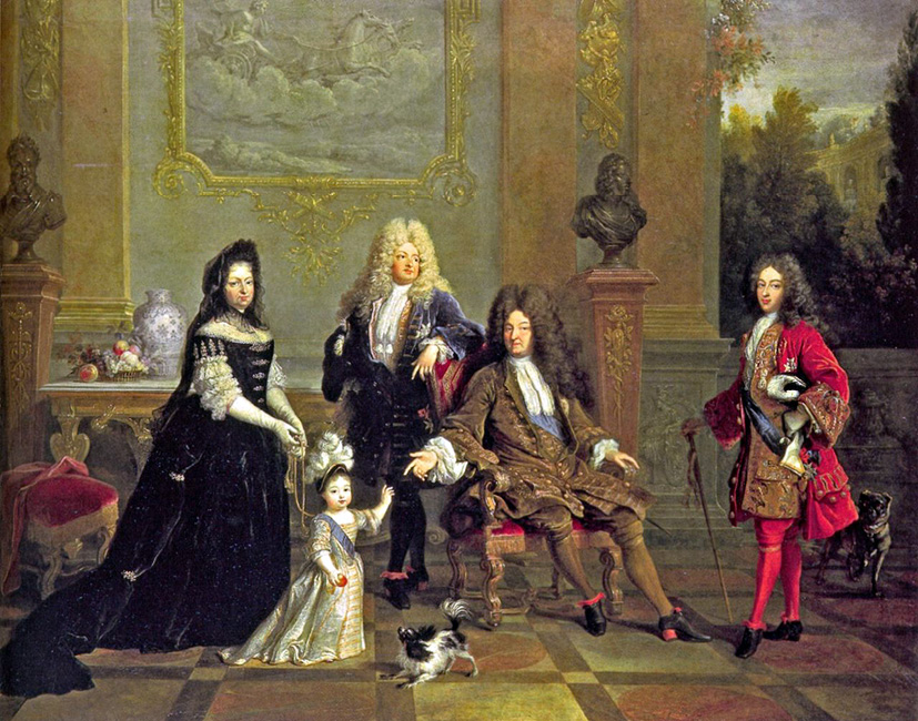 Oil on canvas by French school: Madame de Ventadour with Louis XIV and his Heirs (c. 1715–1720). In the painting are Louis XIV, his son, grandson and great-grandson, the later Louis XV with his governess.