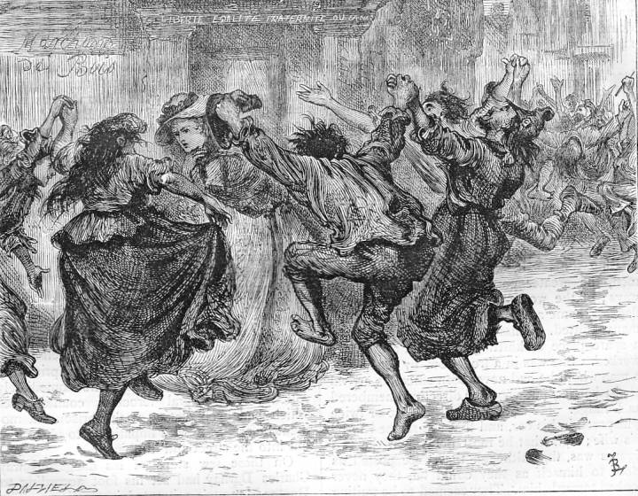 Drawing by Fred Barnard: The mob in Paris dancing La Carmagnole (1870). In the drawing, Lucie Manette finds herself trapped amid La Carmagnole dancers near the prison of La Force where she has been visiting her husband in “The Wood-Sawyer” in Dickens’s A Tale of Two Cities. La Carmagnole was a chain dance with singing popular among common people during the French revolution, known from 1792.