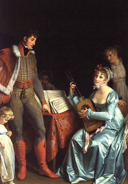 Painting by Marguerite Gérard: La Duchesse Abrantes and General Junot (c. 1800). Duchess Abrantes plays a guitar and her husband General Junot and their three children cluster around her.