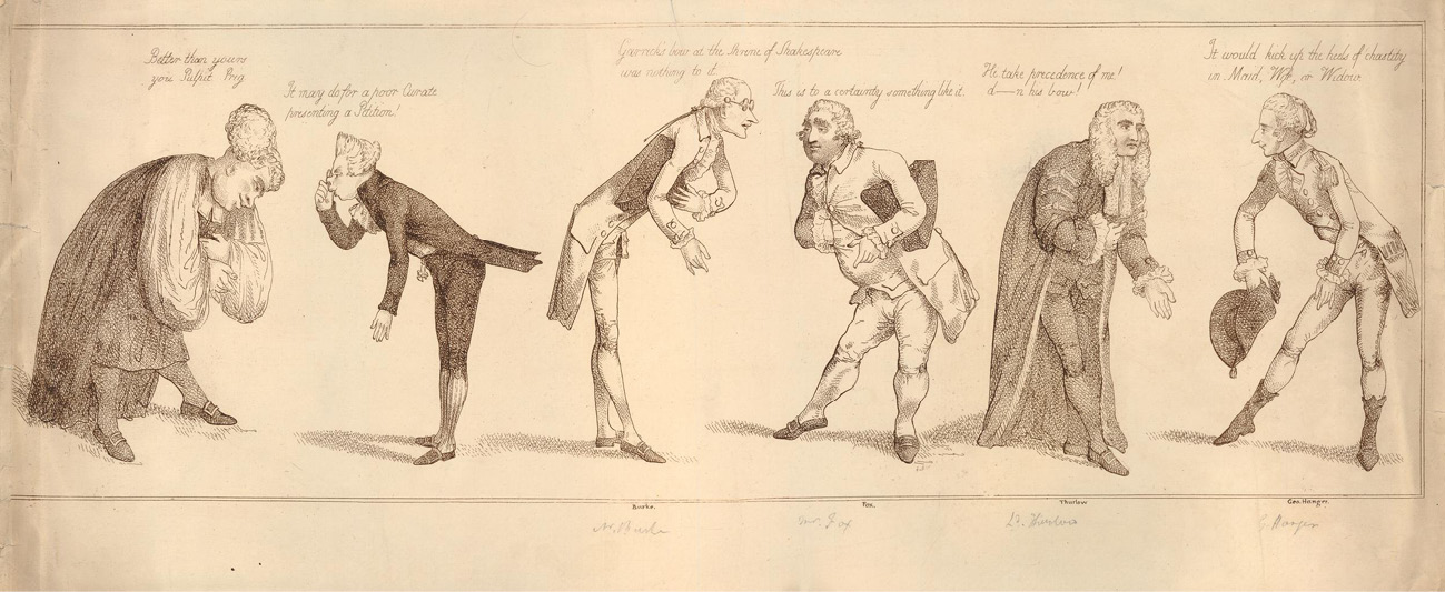 The Prince’s bow (1788). Etching after Frederick George Byron, a strip design of figures, generally in pairs. All attempt to imitate the bow of the Prince of Wales, the words spoken are etched above the head of the speaker.
