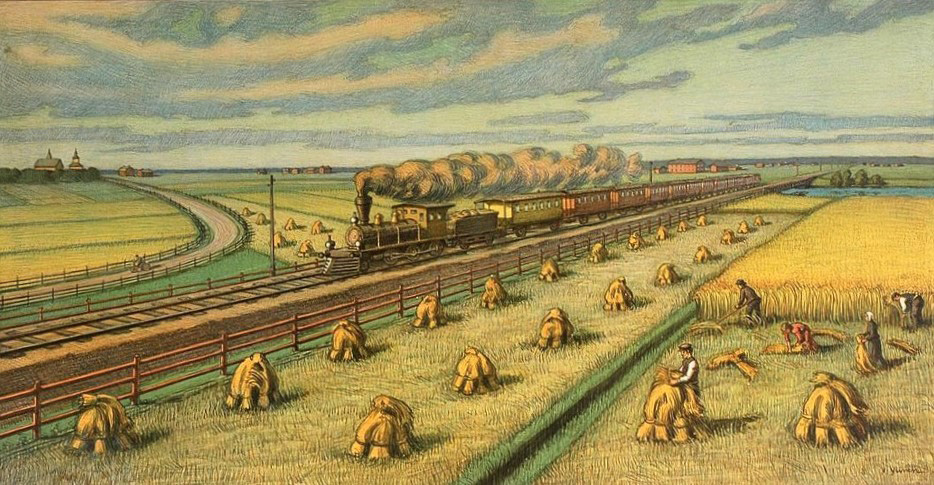 School poster by Vihtori Ylinen. View from southern Ostrobothnia (1915), in the picture, a narrow village road, railway and grain field, people harvesting.