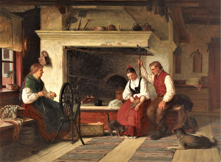 Oil painting by Adolf von Becker. By the Hearth, an Ostrobothnian Courting Scene (1871). A woman on the left works with a spinning wheel, watching a man and woman sitting by the hearth interact.