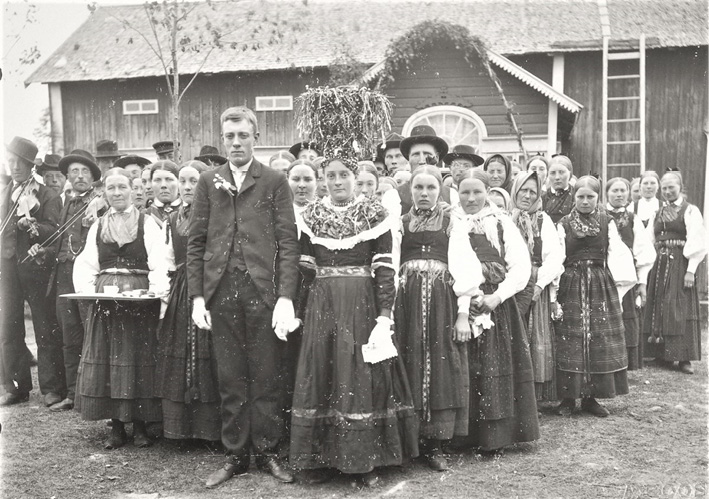 Wedding party in a group photo in front of a farmhouse in Lappfjärd (1907). Photograph by Ina Roos.