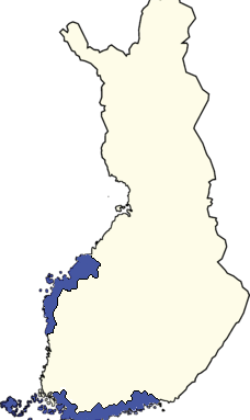 Map of the Swedish language area in Finland. In the west Ostrobothnia, in the southwest Åland and Åboland, in the south Nyland.
