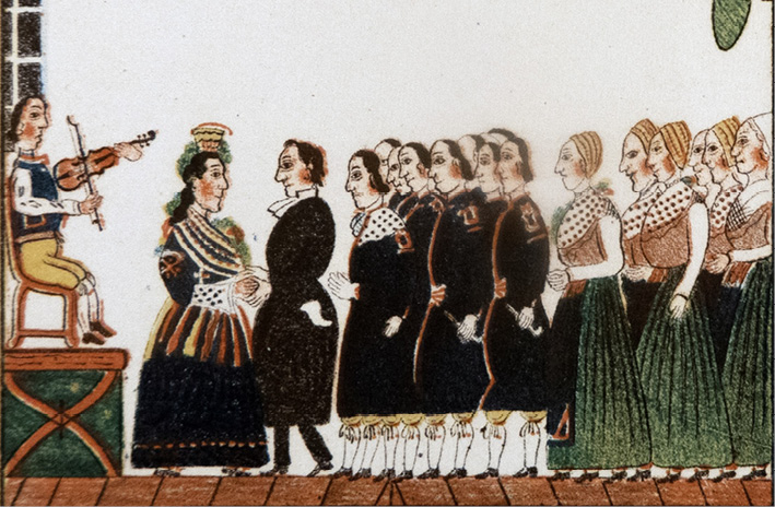 The priest dances a minuet with the bride at the end of the eighteenth century. A detail of a painting from a wedding, Leksand, Dalecarlia.