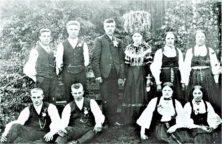 Wedding in Lappfjärd (1909). Bride and groom with four pairs of their friends, photograph.