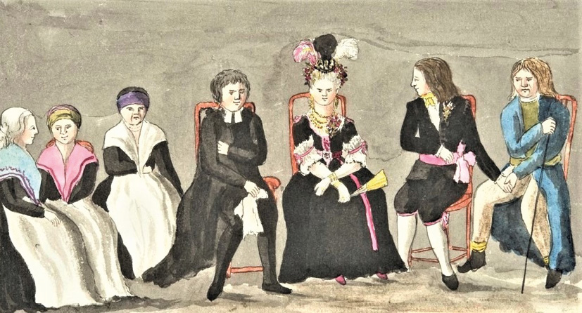 Watercolor by C.P. Elfström. Peasant wedding in Ostrobothnia (c. 1808), sitting from the left three women, priest, bride, groom, and a man.