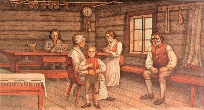School poster by Vihtori Ylinen. Devotional time in a home in western Finland at the beginning of the nineteenth century (1920), in the picture, the family is gathered for a moment of devotion, there is a Bible holder on the table and the boy in the middle of the picture is holding a prayer horn, the round, flat sourdough bread with a hole in the middle has been strung on poles to dry under the roof.