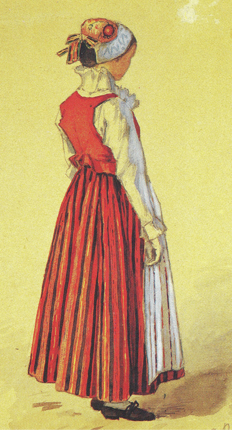Drawing by Agathon Reinholm. A girl from Mouhijärvi in western Finland in a traditional costume (1880).