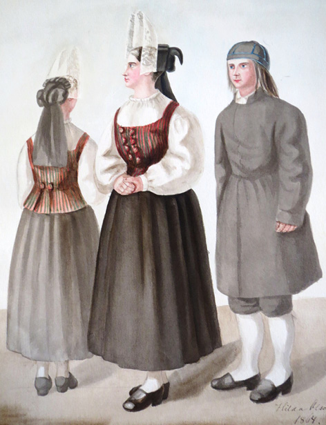 Watercolor by Hilda Olson. People from Mäntsälä, southern Finland, in their traditional costumes (1864).