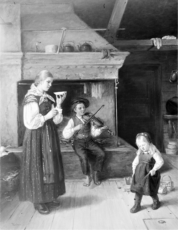 Photograph (1893) of Adolf von Becker’s painting: Dance Rehearsal. By Daniel Nyblin, a girl is dancing and a boy is playing a fiddle while their mother is watching.