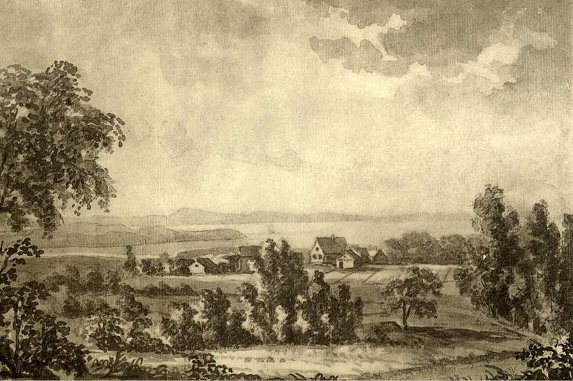 Painting by Thomas Fearnley. The vicarage of Finnøy (1826), in the foreground, trees, vicarage in the middle of fields, sea in the background.