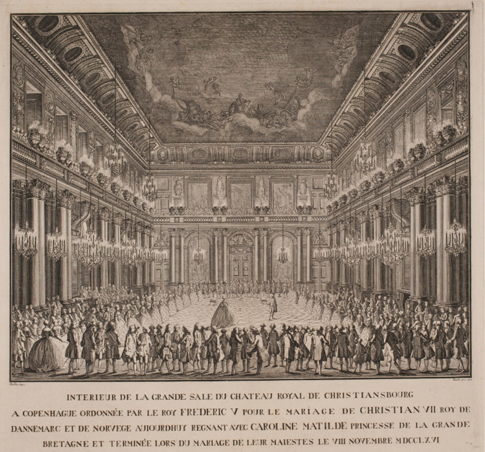 Engraving by Johannes Gottfred Bradt after drawing by Nicolas-Henri Jardin. Minuet in the great hall on Christiansborg at the wedding of Christian VII to Caroline Mathilde (1768), a couple dancing while the others are watching them.