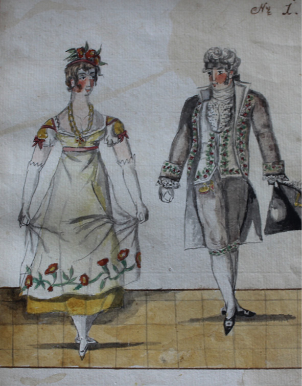 Drawing by Pierre Jean Laurent. Dancers side by side, the man a little further back than the lady, they are facing front but looking towards each other, they are both standing on the left foot and pointing the right foot in front of the left, the man is holding his hat in his left hand.