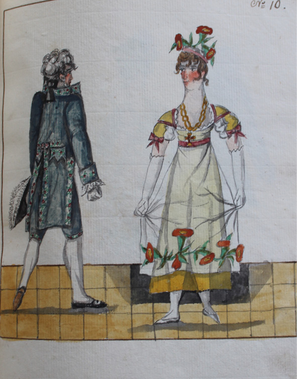 Drawing by Pierre Jean Laurent. Dancers have passed each other, they both stand on the right foot, and the left foot seems to be pointed behind the right foot.