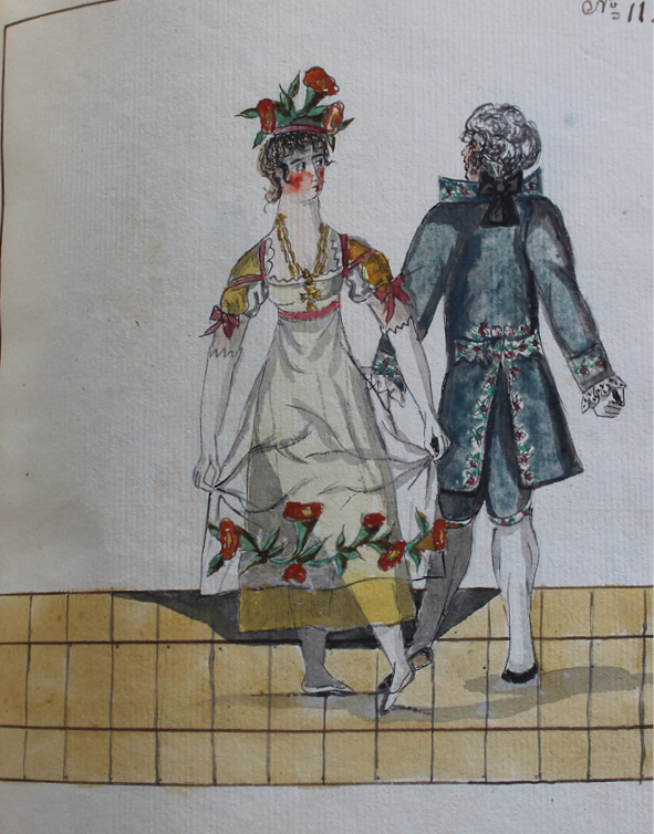 Drawing by Pierre Jean Laurent. Dancers are back to back, the lady is standing on the left foot, stretching the right foot in front, the man seems to be standing on his right foot, with the left foot pointed either behind or to the side.