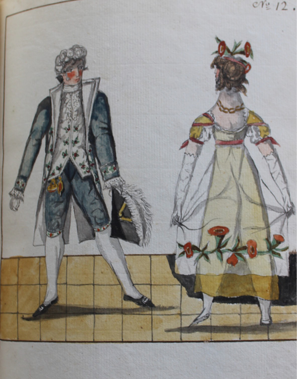 Drawing by Pierre Jean Laurent. Dancers have turned around and face each other, but they stand in opposite corners. Both stand on the right foot, stretching and pointing the left foot to the side.