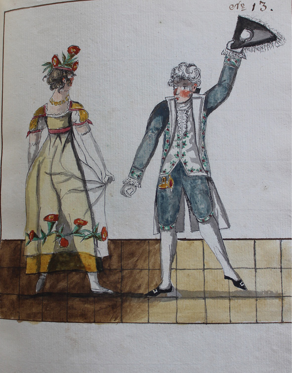 Drawing by Pierre Jean Laurent. Dancers have changed places, but they both stand on the right foot, pointing the left foot to the side. The man has lifted his left arm, in which he holds the hat, high up. The lady faces the back of the room so that we see her back.
