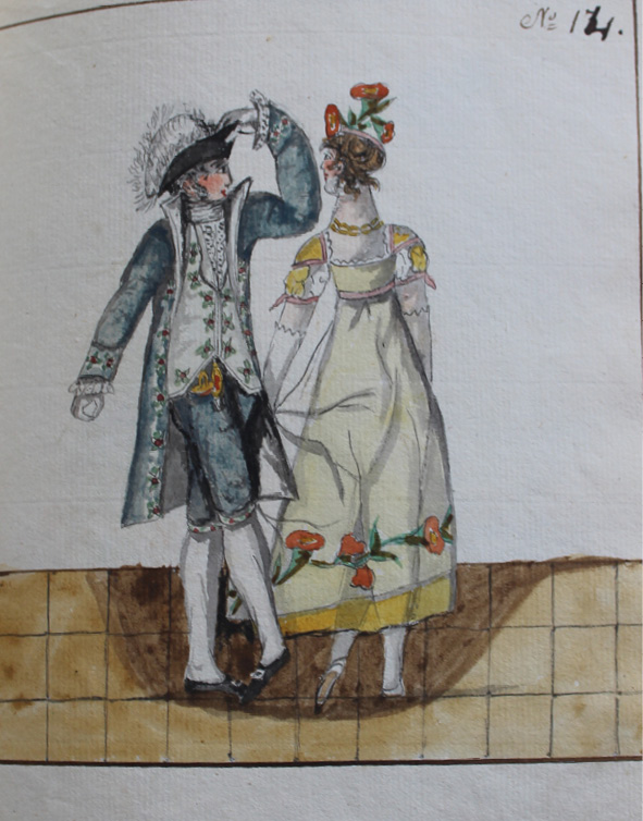 Drawing by Pierre Jean Laurent. Dancers are depicted closer to each other, the man is standing on his left leg with the right leg in front and off the floor, the hat is on his head, and he is holding it with the left hand, the lady seems to be standing on her right leg, but with the left leg behind, they seem to be about to pass each other back-to-back.