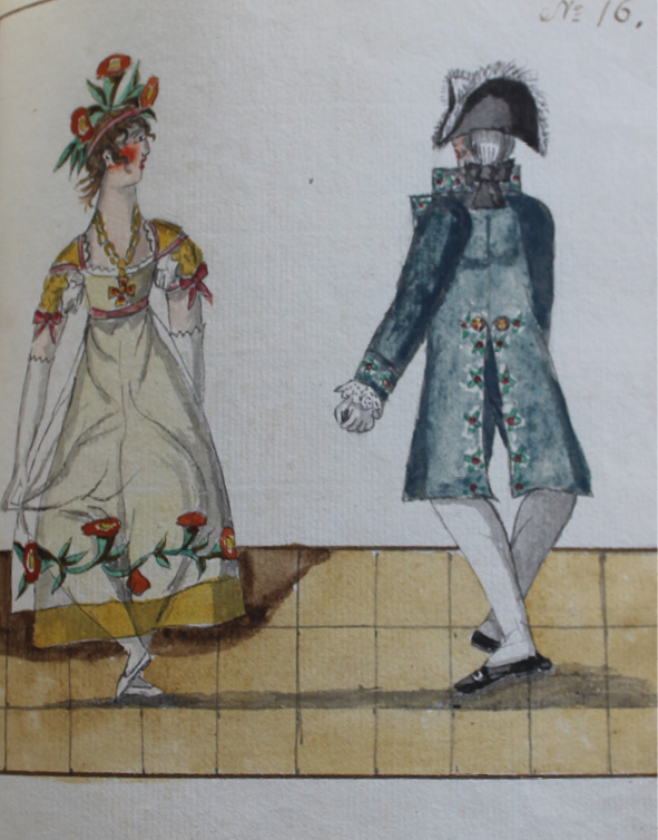 Drawing by Pierre Jean Laurent. Dancers have changed sides, they seem to be standing on the left leg in plié with the right foot off the floor about to take the next step on the right foot, the man faces the back of the room, and the lady is turned front, but they are looking at each other.