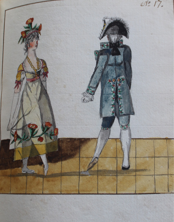 Drawing by Pierre Jean Laurent. Dancers are in almost the same positions as picture number sixteen, but they are now standing on the left leg, pointing to the right foot in front.