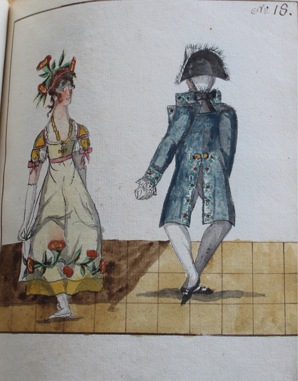 Drawing by Pierre Jean Laurent. Dancers stand on the right foot in plié with the left foot behind.