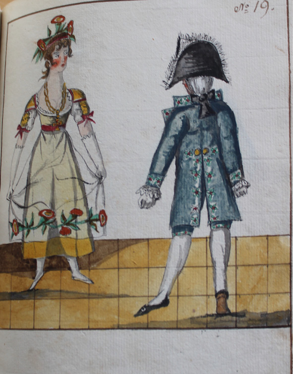 Drawing by Pierre Jean Laurent. Dancers stand on the right foot’s demi-point with the left foot pointed to the side, the man is facing the back of the room, and the lady is facing the front.