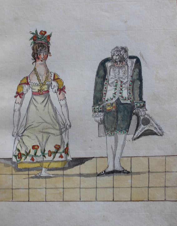 Drawing by Pierre Jean Laurent. The man stands in the first position performing a bow by bending his head forward, the lady stands in the third position with the left foot in front, she is curtsying by bending her knees to the side, and she is also looking down to the floor, still holding her dress with both hands.