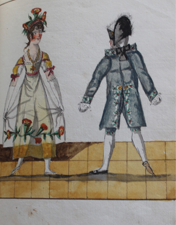 Drawing by Pierre Jean Laurent. Dancers stand on the left leg with the right pointed behind and seem to be moving towards each other on the diagonal line from the corners in which they were standing in picture number 19.
