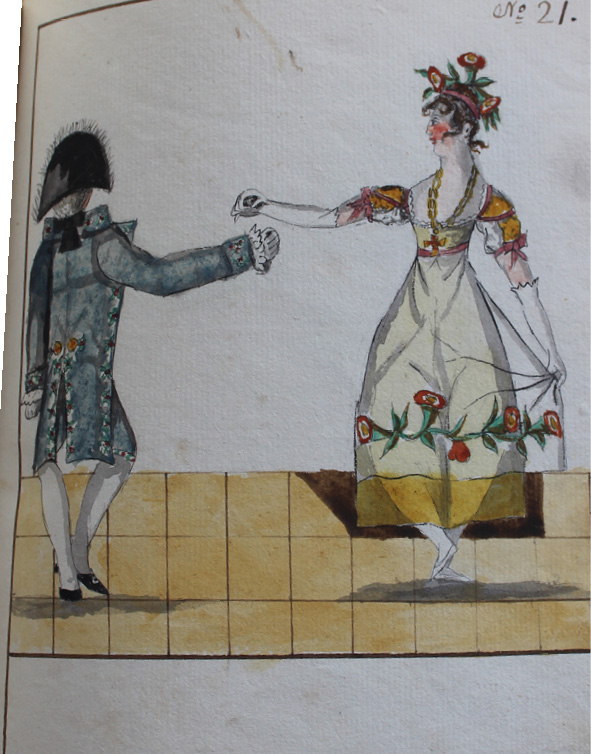 Drawing by Pierre Jean Laurent. Dancers stand on the left leg with the right foot lifted off the floor, they have changed places again, and now they are both stretching the right hand out to the side towards each other.