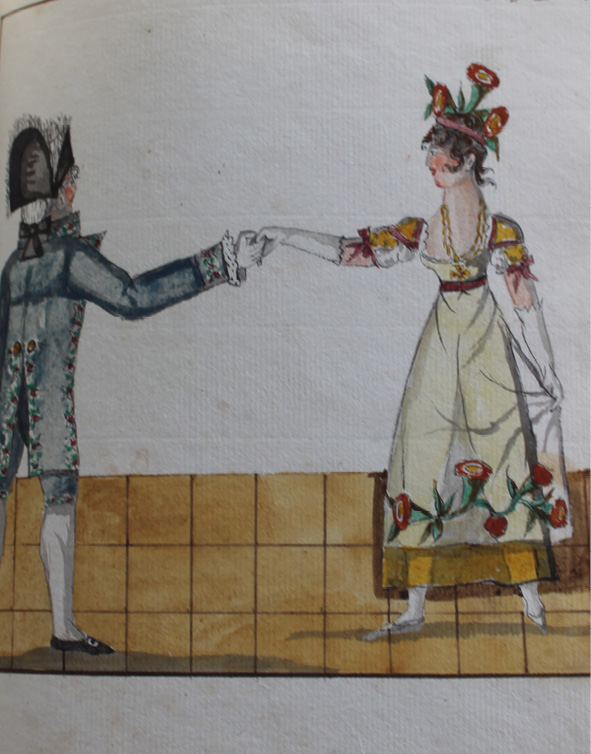 Drawing by Pierre Jean Laurent. Dancers stand on the right foot with the left pointed behind, and they are holding the right hand.
