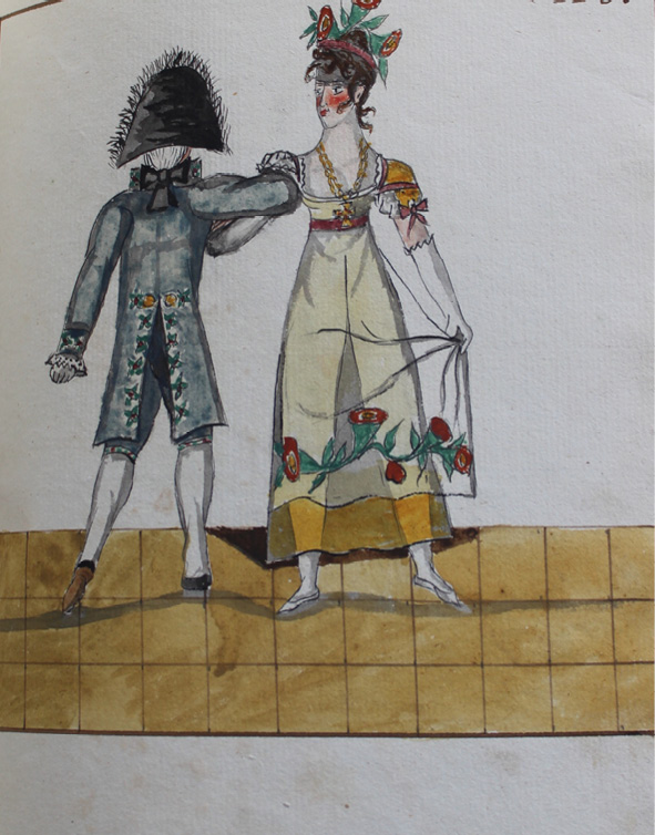 Drawing by Pierre Jean Laurent. Dancers stand on the right foot with the left foot pointed to the side or slightly back, they hold the right hands with bent elbows as if they have moved towards each other and turned the left shoulder towards the middle.