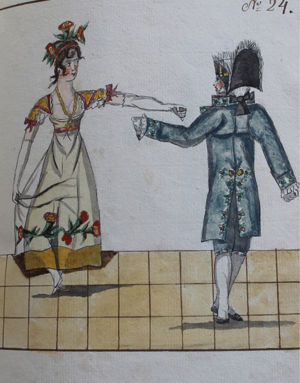 Drawing by Pierre Jean Laurent. Dancers stand on the left foot with the right lifted off the floor as in the middle of a sideways step to the right side, they seem to move to or from the corner from where the minuet figures start or end, and they have the left arms stretched out towards each other.