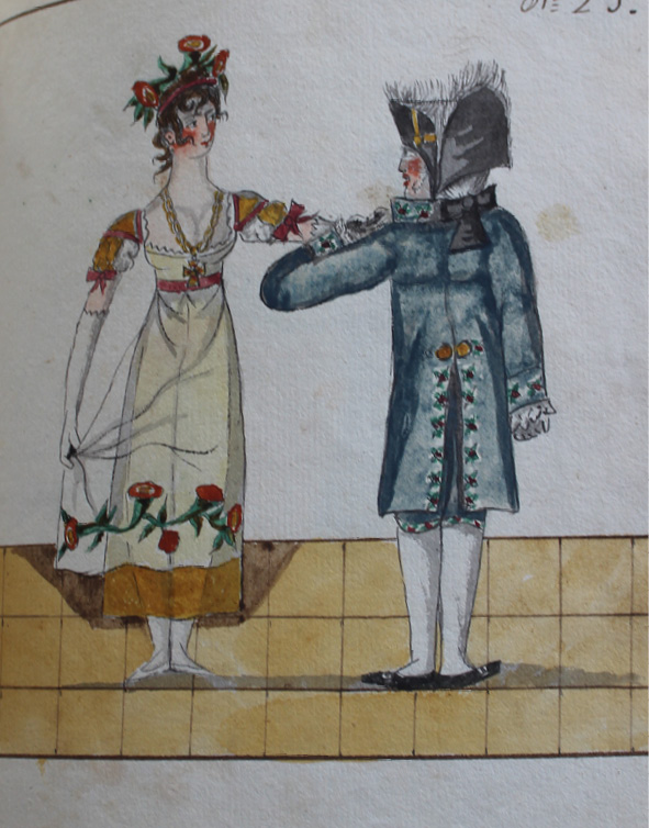 Drawing by Pierre Jean Laurent. Dancers seem to stand in the first position almost side by side, they hold the left hands, and the man has bent his elbow so that they are relatively close to each other.