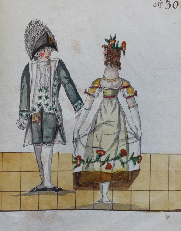 Drawing by Pierre Jean Laurent. Dancers stand in the third position with the left leg in front, the man faces the front, while the lady faces the back of the room.