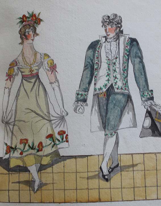 Drawing by Pierre Jean Laurent. The man stands on his right foot with the left foot pointed in front, the lady does the opposite, standing on the left foot and pointing the right foot in front, this picture shows the couple taking a step forward on the outer leg.