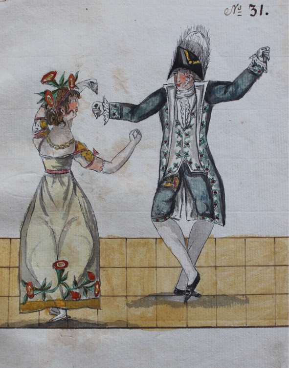 Drawing by Pierre Jean Laurent. Dancers stand on the left foot in plié with the left foot lifted in front, they have both stretched out both arms and are about to perform the figure called presenting both hands.