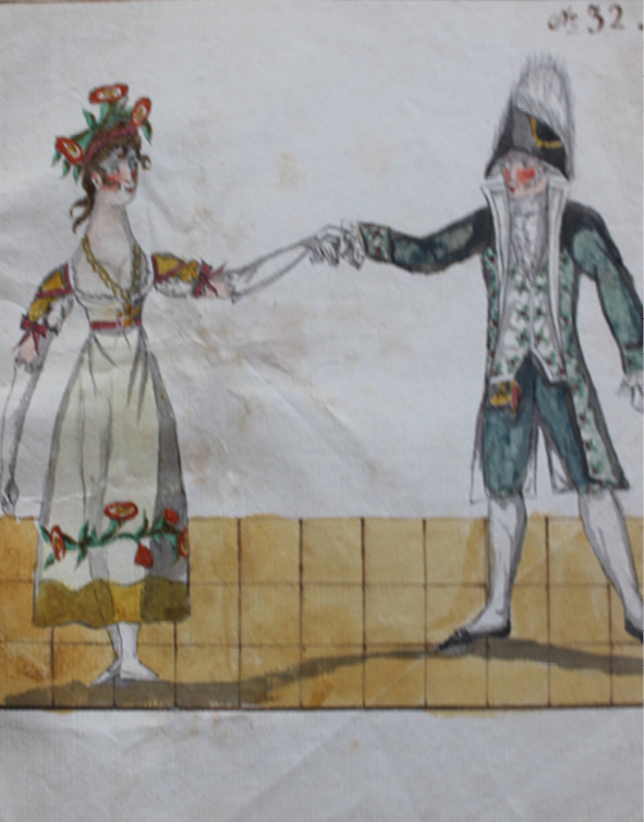 Drawing by Pierre Jean Laurent. Dancers have turned front, and the man holds the lady’s left hand in his right hand.