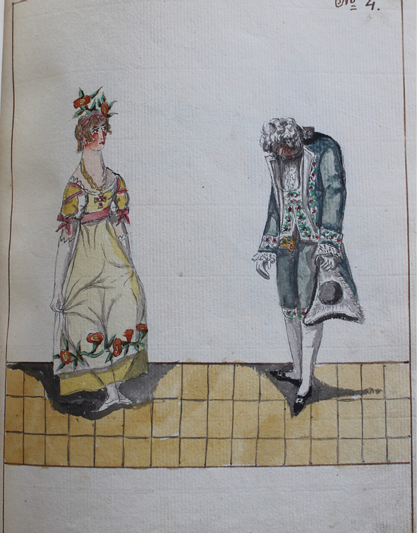Drawing by Pierre Jean Laurent. Dancers stand facing each other, the man stands in the first position performing another bow, but this bow is directed towards the lady, the lady stands in the third position with the right foot in front, performing a curtsy by bending the knees in the same way as in picture number two, but now looking towards the man.
