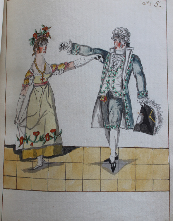 Drawing by Pierre Jean Laurent. Dancers stretch out the arm to the side, the man has stretched his right arm, and the lady has stretched out her left, they stand in the fourth position the man on his right foot pointing the left foot in front, and the lady stands on her left foot with the right foot turned out to the side in front of the left.