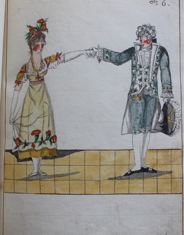 Drawing by Pierre Jean Laurent. Dancers stand in the third position with both feet on the floor, the left foot is behind, and the right foot is in front, they are holding hands and looking at each other, they are holding their arms relatively high, the man has slightly bent his elbow while the lady has her arm quite stretched, the man is still holding his hat in the left hand, and the lady is still holding her dress with her right hand.
