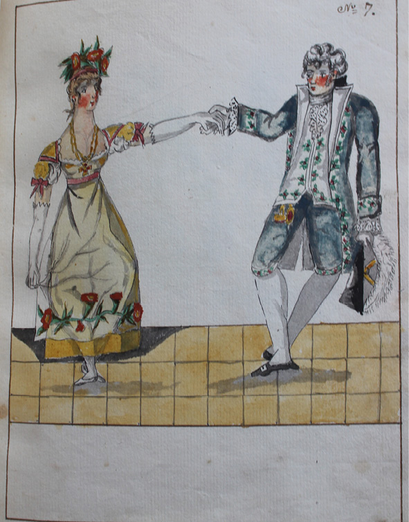 Drawing by Pierre Jean Laurent. Dancers are holding hands, they seem to always be in the third position, but they have now bent their knees, and they both seem to lean a little bit away from each other.