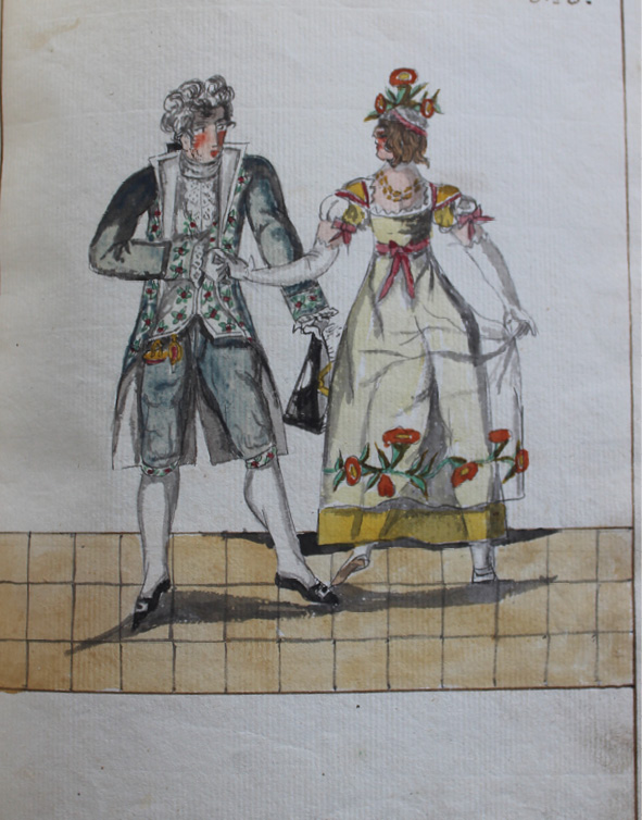 Drawing by Pierre Jean Laurent. The man faces front, but he is now on the other side of the lady, he is standing in the second position on the right toe and pointing the left foot as if he has just taken a step to the right side, he is still holding the lady in his right hand and the and the hat in the left the lady is now turned so that we see her back, she is standing on her right foot, pointing the left foot to the side, she holds the man’s right hand with her left, looking at him.