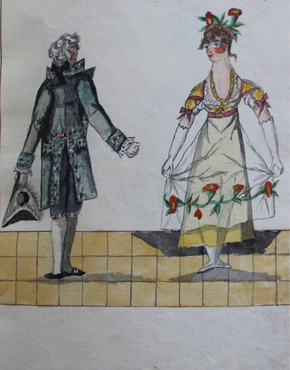 Drawing by Pierre Jean Laurent. Dancers have released their hands, now the man is standing but facing the back of the room so that we see his back, he is standing in the third position with the right foot in front, the lady is facing front, also standing in the third position with the right foot in front, holding her dress with both hands.