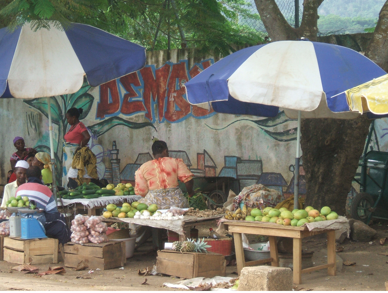 Five women and two men with coloured clothes and bandanas sit in a market under the shade of two blue and white striped parasols. They sell mango, onion, garlic, ginger, pineapple, and zucchini on small wooden stands. In the background is a mural with colourful drawings of houses and an unreadable inscription.