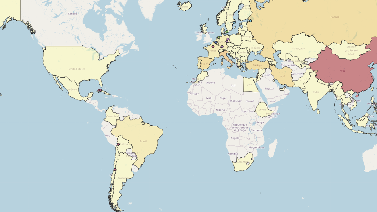 Map of the world highlighting areas where translations occurred in the period 1848-53