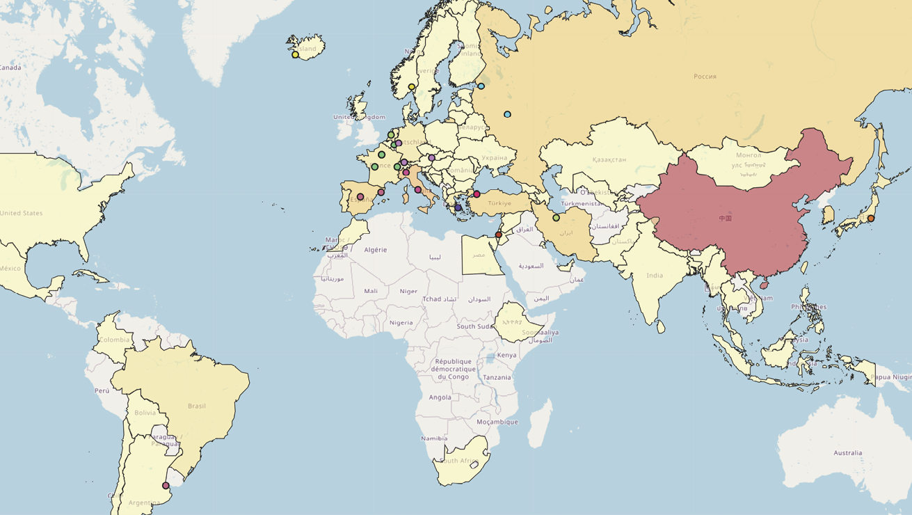 An image of a map indicating Jane Eyre translations in Asia, Europe and South America from 1945 to 1950.